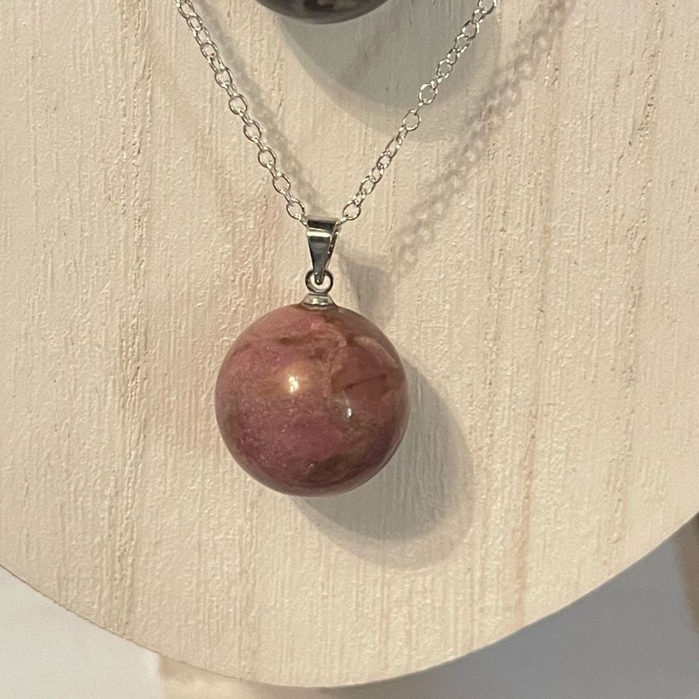 Rhodonite pink black mini sphere pendant 18” silver plated necklace crystal NEW